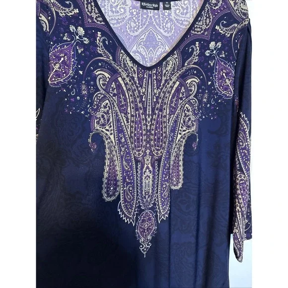 EFFORTLESS STYLE BY CITIKNITS QVC LONG SLEEVE V-NECK TUNIC PAISLEY NAVY 1X EUC - Picture 7 of 8